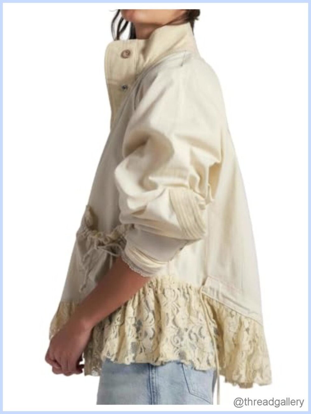 100% Cotton Lace Trim Utility Jacket Lightweight Funnel Neck